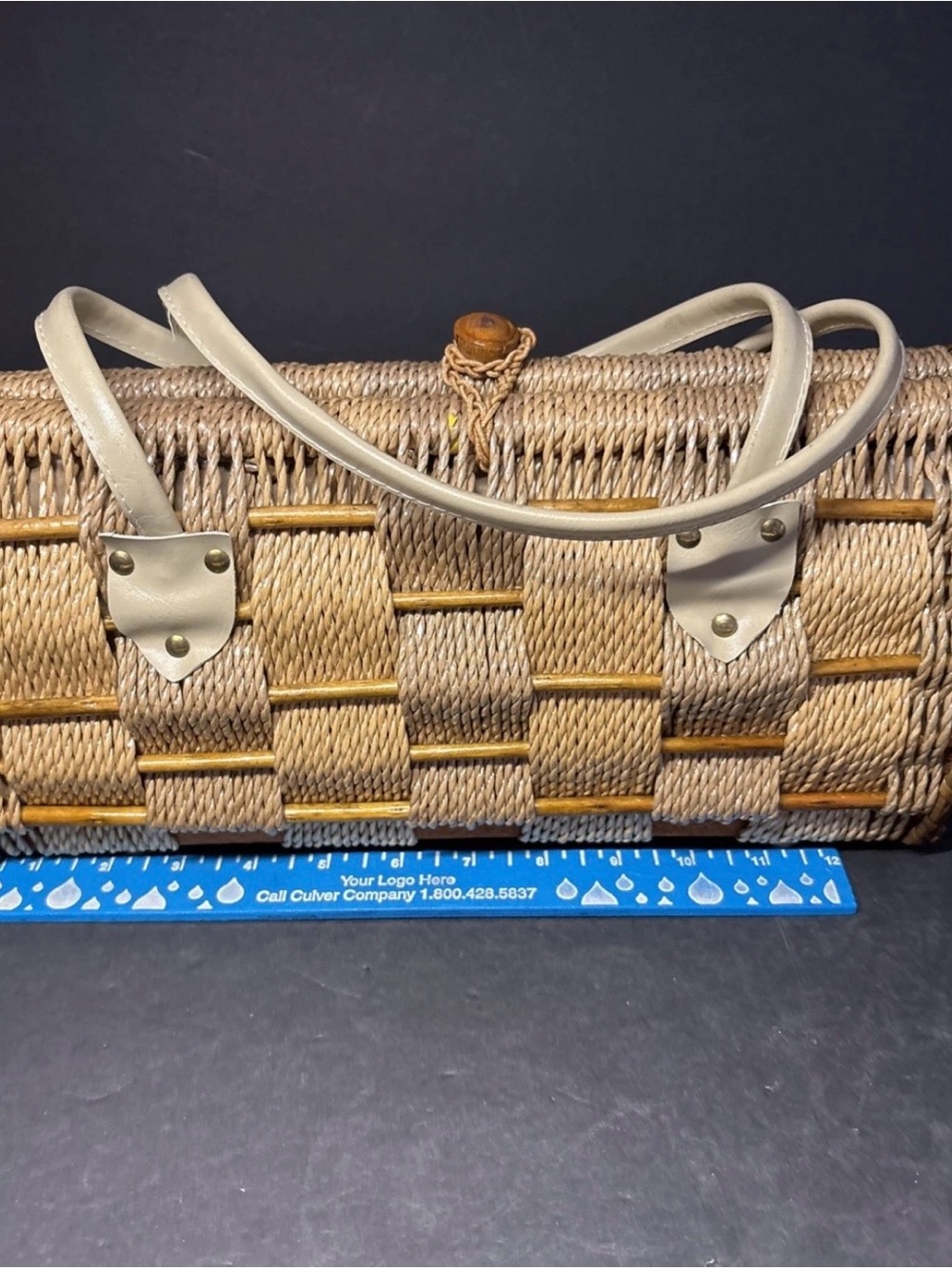 Vintage Olympic Wicker Box Purse Barrel Bag Mid Century Coquette Cottage - Picture 13 of 13